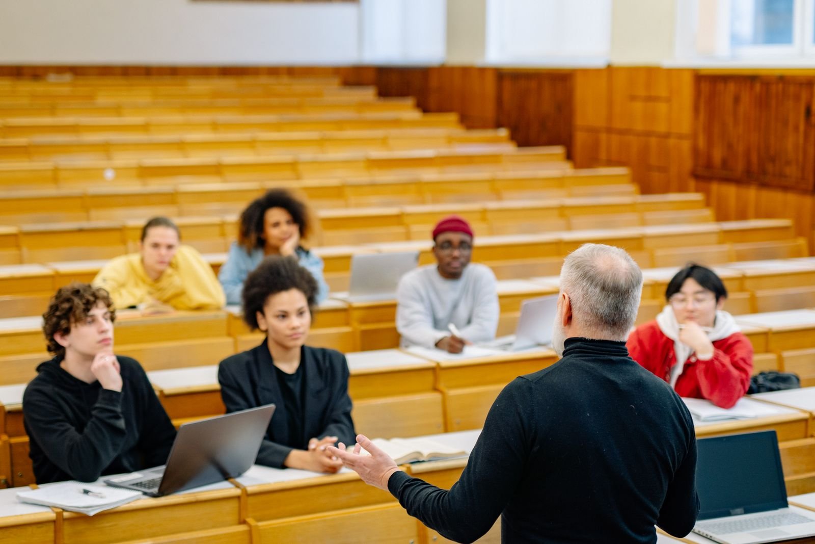 Students attending an international university lecture